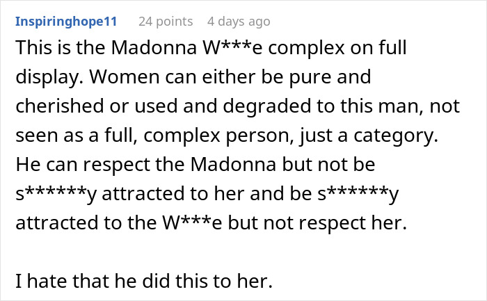 Comment discussing Madonna-w***e complex in relationships