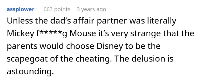 A comment about how it is strange the parents made Disneyland a scapegoat for cheating. A comment about how it is strange the parents made Disneyland a scapegoat for cheating.