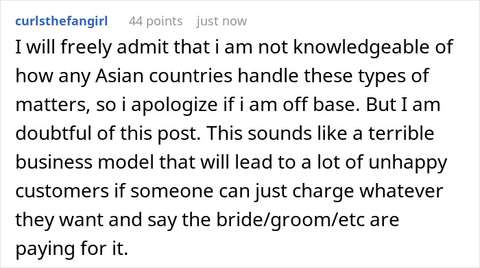 Comment doubting business model charging bride and groom for wedding luxuries
