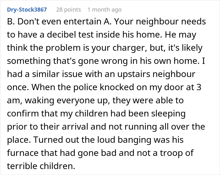Comment advising sound test and explaining possible noise source in EV neighbor dispute Comment advising sound test and explaining possible noise source in EV neighbor dispute