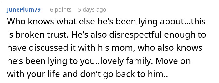 A comment about broken trust before getting married. A comment about broken trust before getting married.