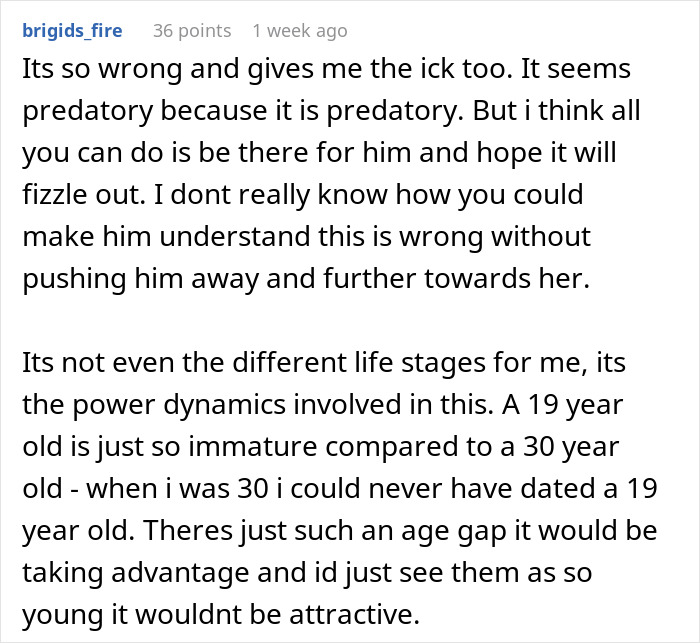 A comment discusses power dynamics and age gap as a mom is losing sleep over her son's GF. A comment discusses power dynamics and age gap as a mom is losing sleep over her son's GF.