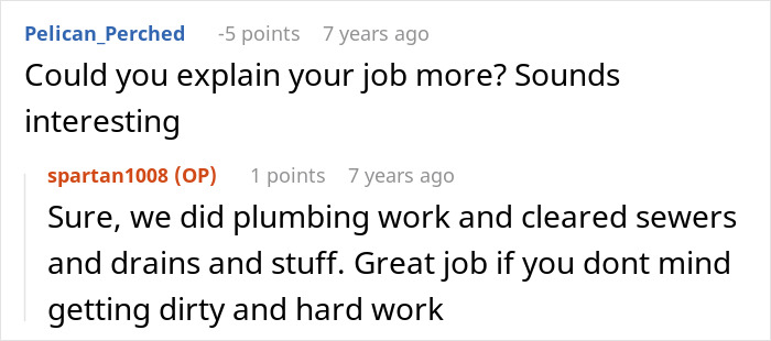 Comment thread explaining plumbing and sewer clearing work regarding an employee who never forgives.