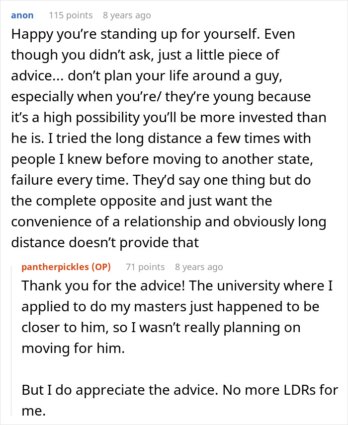 Reddit advice about a long distance relationship on a post about a woman who dumps cheater BF. Reddit advice about a long distance relationship on a post about a woman who dumps cheater BF.