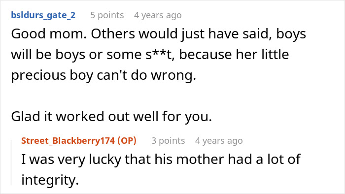 Online conversation about an ex-fianc&eacute; and his mother.