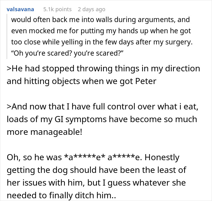 User comment detailing the boyfriend's a*****e behavior before getting a large dog