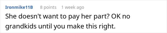 Comment suggesting withholding grandkids until wedding bills are resolved