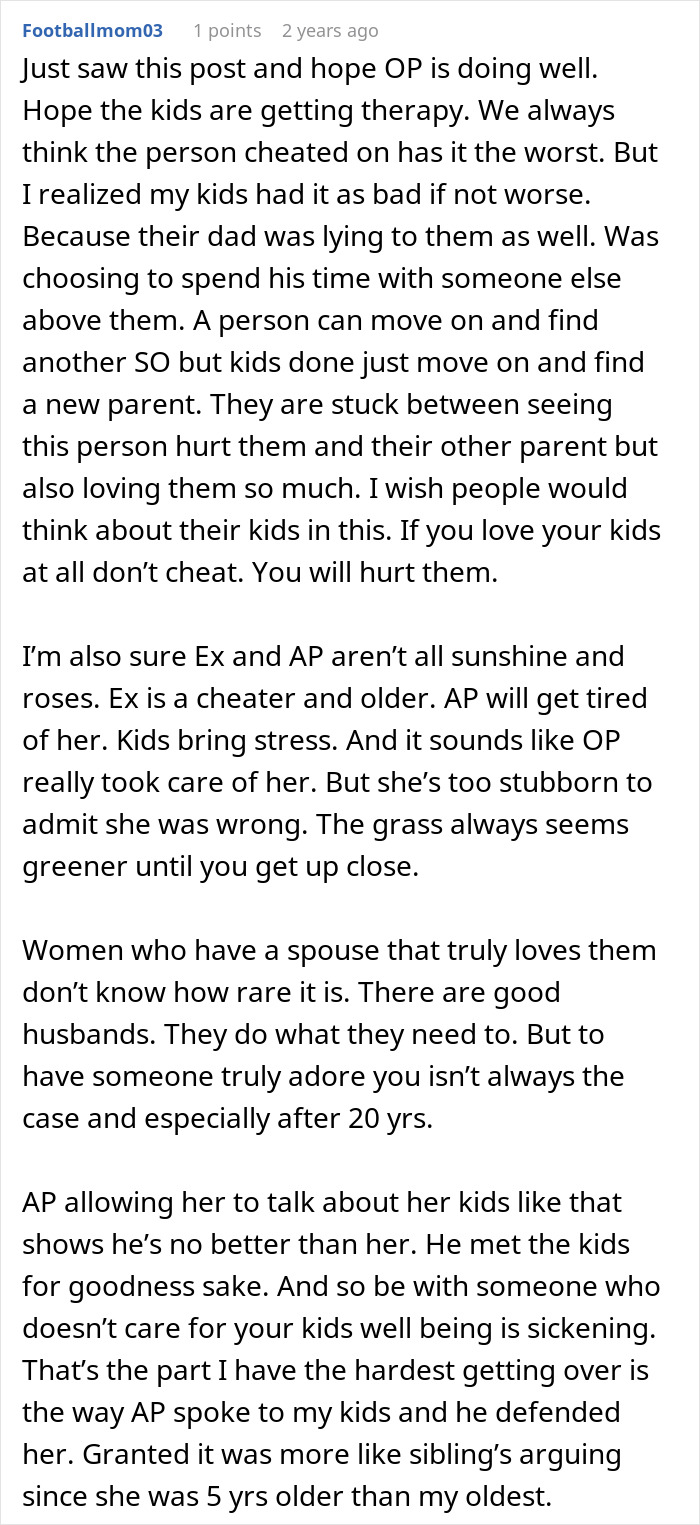 Detailed online comment offering support and reflection on the impact of a secret affair on kids. Detailed online comment offering support and reflection on the impact of a secret affair on kids.