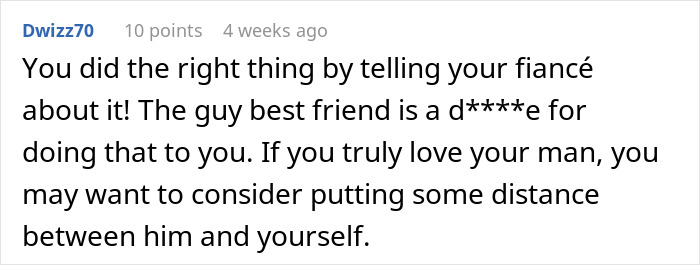 Comment advising to tell the fiancé about the guy who waits to tell bestie he loves her. Comment advising to tell the fiancé about the guy who waits to tell bestie he loves her.