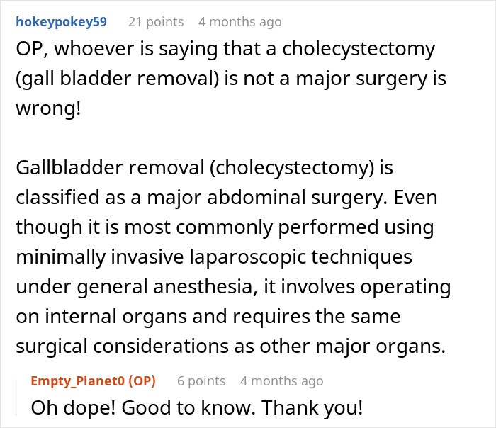 Reddit comment discussing gallbladder surgery and recovery