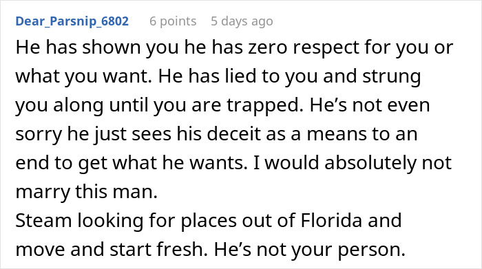A comment advising against getting married due to deceit and dishonesty from a fiancé. A comment advising against getting married due to deceit and dishonesty from a fiancé.