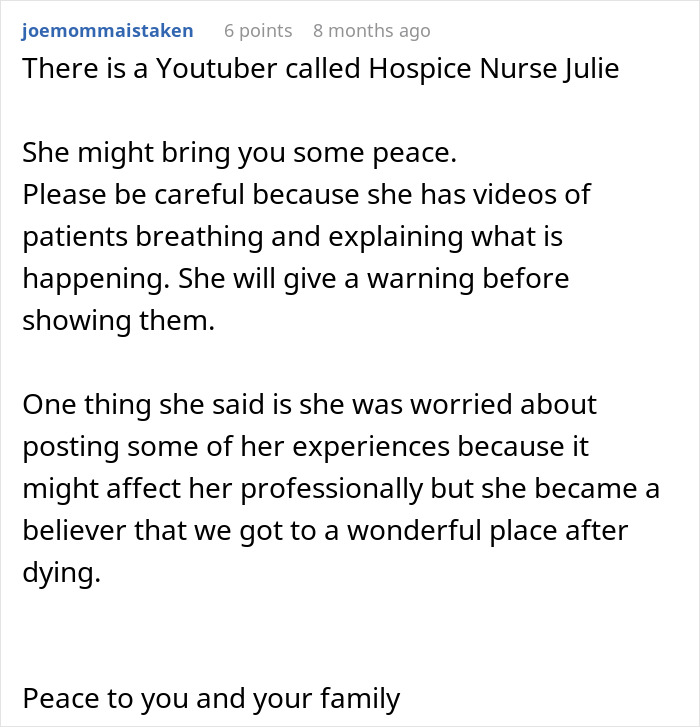 Social media comment sharing end-of-life conversations from Hospice Nurse Julie YouTube channel Social media comment sharing end-of-life conversations from Hospice Nurse Julie YouTube channel