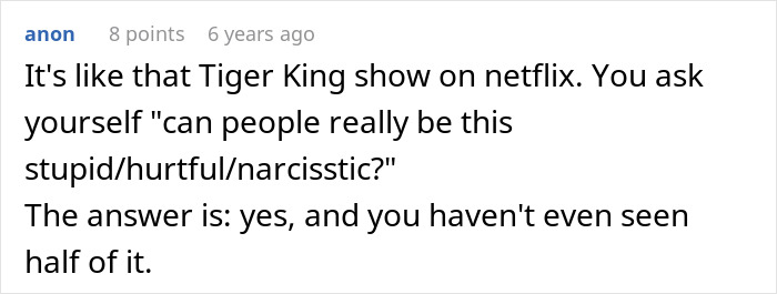 Comment comparing situation to Tiger King show with unhinged behavior Comment comparing situation to Tiger King show with unhinged behavior
