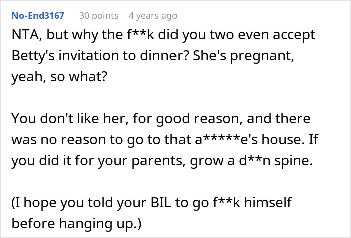 An online comment discussing a family argument where a brother defends how his wife dresses. An online comment discussing a family argument where a brother defends how his wife dresses.