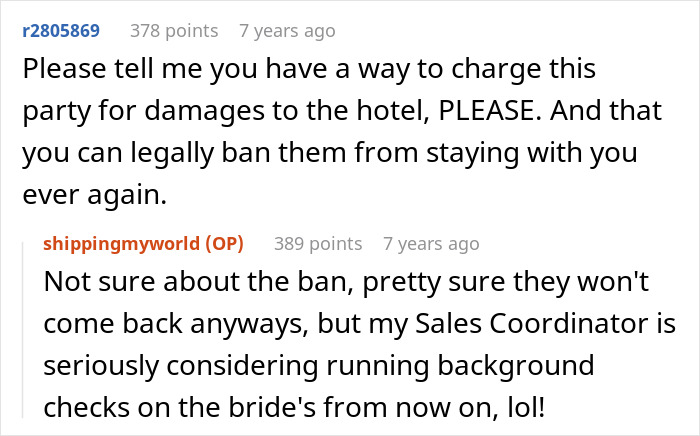 Online comments about hotel damages caused by a bridezilla and running background checks on brides.