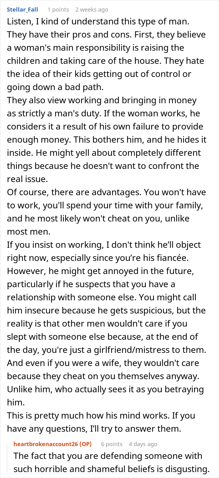 A comment thread arguing about traditional relationship roles and a woman who can not marry her fiance A comment thread arguing about traditional relationship roles and a woman who can not marry her fiance