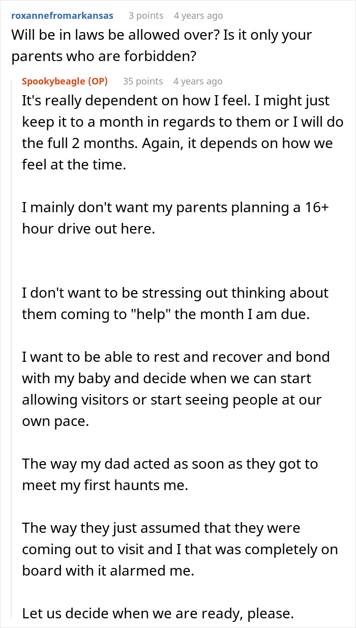 An online post discussing the need to rest, bond with baby, and establish a clear boundary with parents. An online post discussing the need to rest, bond with baby, and establish a clear boundary with parents.
