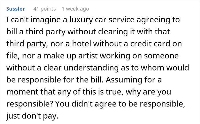 Comment questioning responsibility for wedding luxury bills