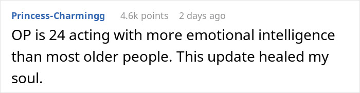 Comment praises OP's emotional intelligence and personal growth Comment praises OP's emotional intelligence and personal growth