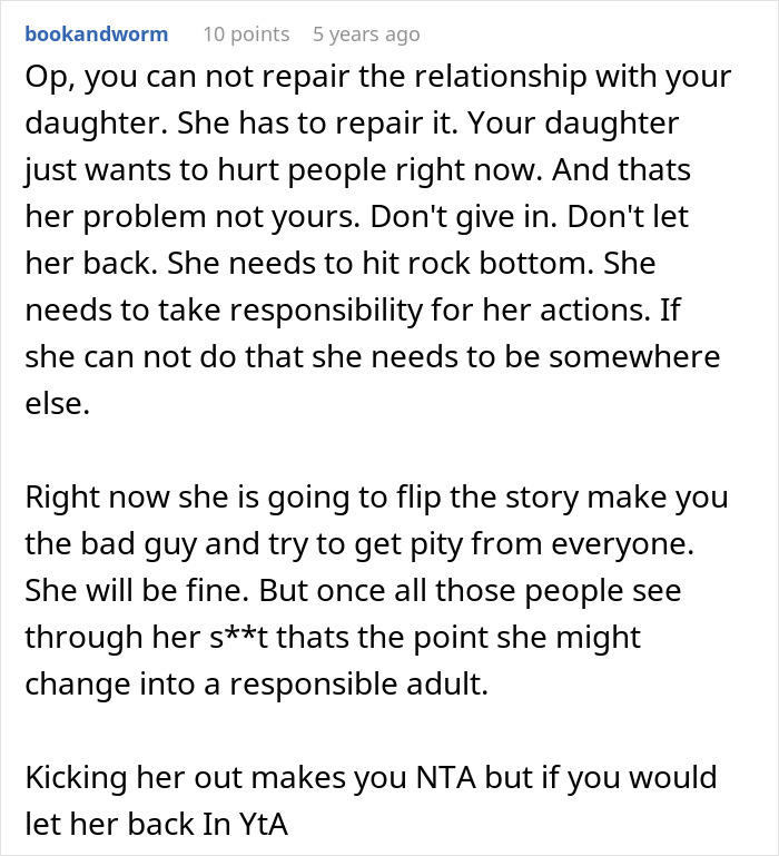 Reddit user giving advice on how to handle a daughter cruel outburst in a struggling family. Reddit user giving advice on how to handle a daughter cruel outburst in a struggling family.