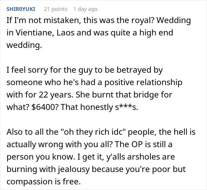 Comment mentioning a royal high-end wedding in Vientiane, Laos and betrayal by stepmom