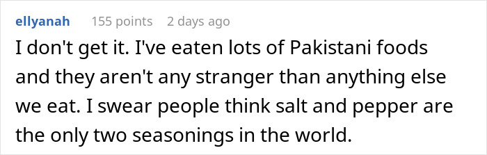 A user comment defending Pakistani food in a discussion about cultural cuisine and seasonings. A user comment defending Pakistani food in a discussion about cultural cuisine and seasonings.