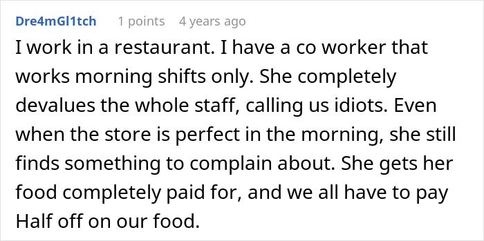 A Reddit post by Dre4mGl1tch complaining about a bossy coworker in a restaurant who is rude to staff. A Reddit post by Dre4mGl1tch complaining about a bossy coworker in a restaurant who is rude to staff.