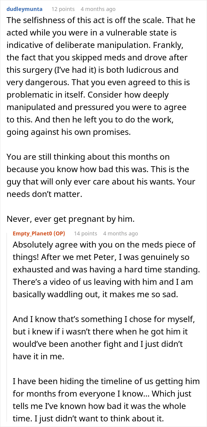 A screenshot of a detailed online comment analyzing the boyfriend behavior regarding the dog after surgery.