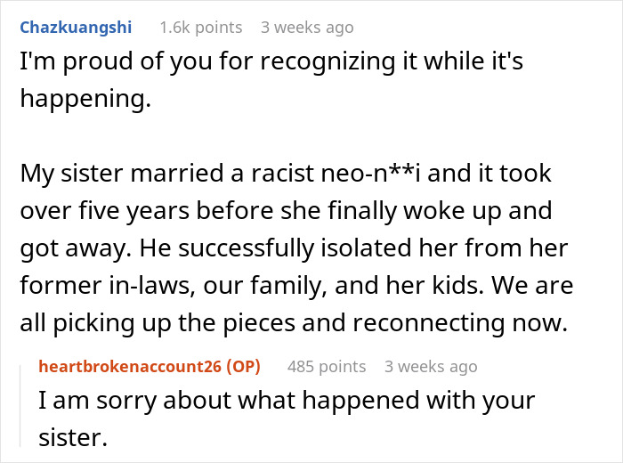 An online comment from a user sharing support for a woman whose fiancé was influenced by new friends. An online comment from a user sharing support for a woman whose fiancé was influenced by new friends.