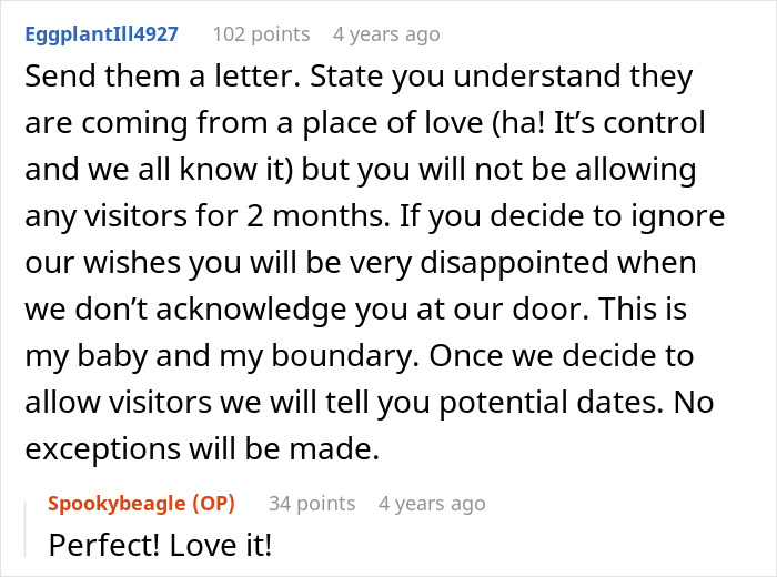 Online comments proposing a draft letter to help a woman set a clear boundary about visits before giving birth. Online comments proposing a draft letter to help a woman set a clear boundary about visits before giving birth.