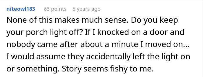 Comment questioning the logic of neighbor refusing Halloween candy with porch light off