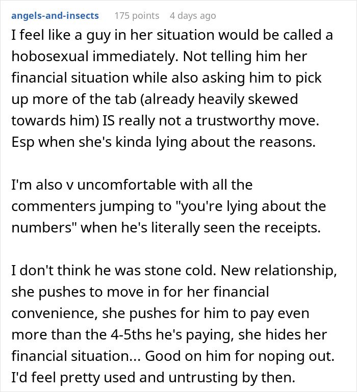 Comment arguing that hiding financial difficulties in a new relationship makes someone untrustworthy. Comment arguing that hiding financial difficulties in a new relationship makes someone untrustworthy.