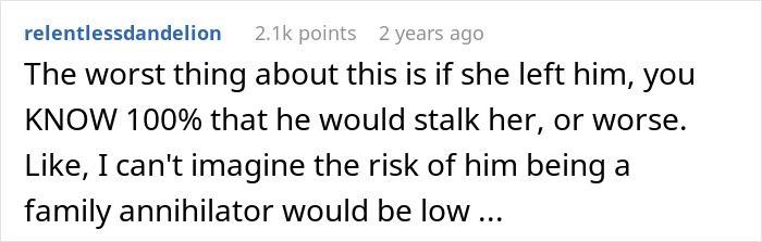 Comment warns husband might stalk or harm wife if she leaves in obsession story Comment warns husband might stalk or harm wife if she leaves in obsession story