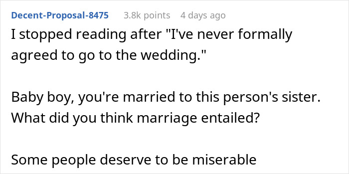 Social media comment criticizing a guy who skips a SIL's wedding for a trip. Social media comment criticizing a guy who skips a SIL's wedding for a trip.