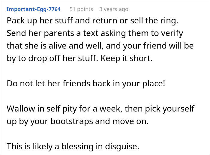Online comment advising a guy on moving on after a dream proposal turned into a nightmare.