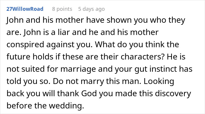 An online comment advising a woman to call off getting married due to a lie. An online comment advising a woman to call off getting married due to a lie.
