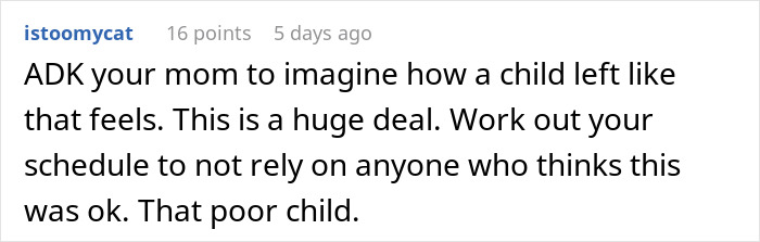 Comment advising to consider the child's perspective after an aunt leaves 8YO niece alone at school. Comment advising to consider the child's perspective after an aunt leaves 8YO niece alone at school.