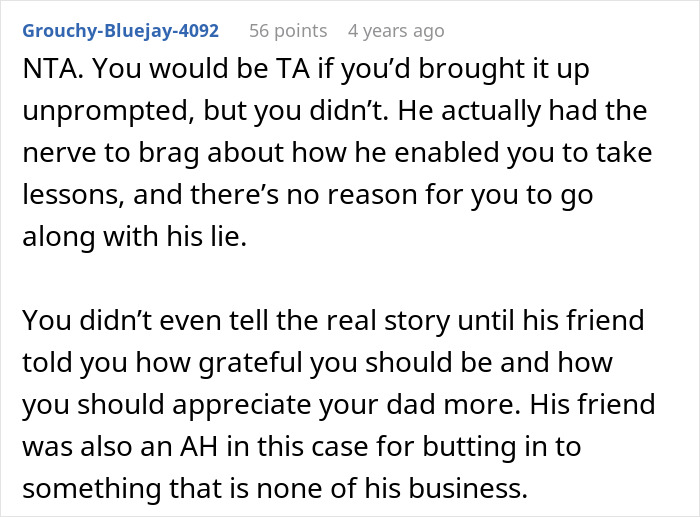 Reddit user explaining why a dad shamed himself by lying about paying for his daughter's classes. Reddit user explaining why a dad shamed himself by lying about paying for his daughter's classes.