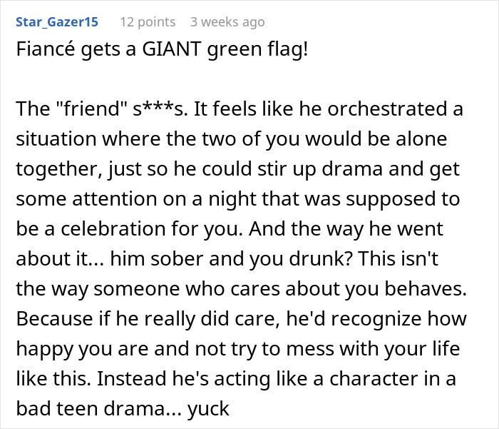 A comment about a fiancé getting a green flag and criticizing a guy who waits to make his move. A comment about a fiancé getting a green flag and criticizing a guy who waits to make his move.