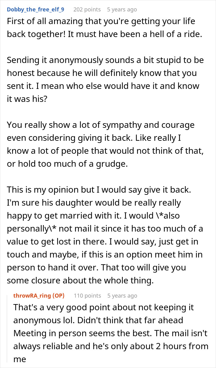 Online comments providing advice on returning a valuable family heirloom ring in person Online comments providing advice on returning a valuable family heirloom ring in person
