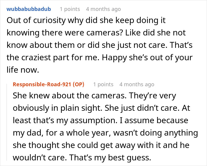Social media comment explaining how a woman got caught throwing away stepchild's food on home security cameras.