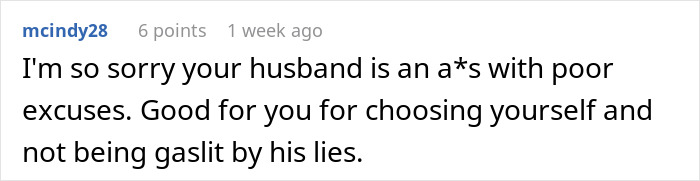 Comment supporting woman choosing herself against husband's excuses in dating app marriage fear
