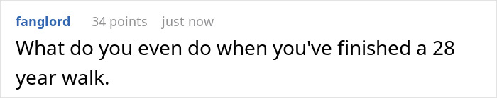 Social media comment questioning the end of a long journey where a man goes for a walk in 1998 Social media comment questioning the end of a long journey where a man goes for a walk in 1998