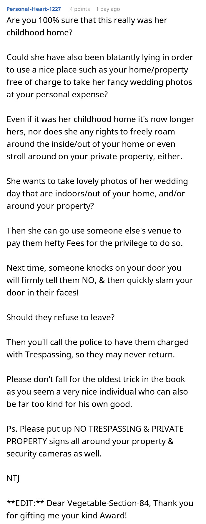 Comment warning about entitled bride using childhood home for wedding photos Comment warning about entitled bride using childhood home for wedding photos