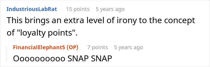 Comment highlighting irony of loyalty points in a hotel infidelity context Comment highlighting irony of loyalty points in a hotel infidelity context