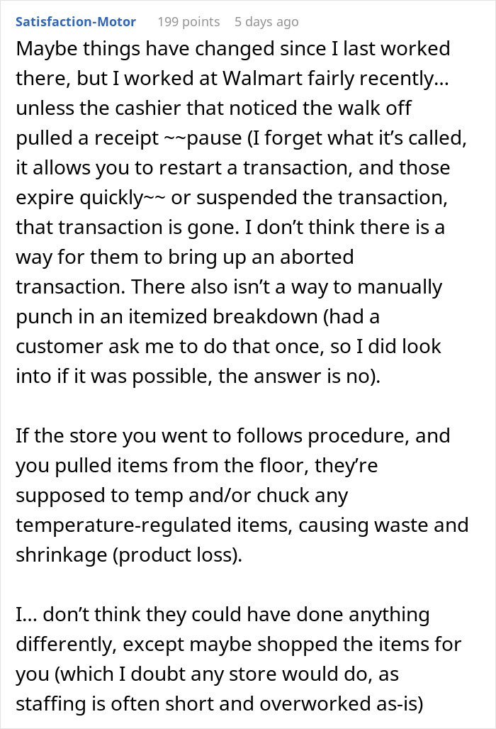 Online comment explaining Walmart checkout policies after a woman accidentally forgets to pay Online comment explaining Walmart checkout policies after a woman accidentally forgets to pay