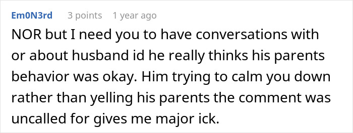 A comment criticizing the husband for not defending his wife when MIL shames DIL for not wearing a bra at home.