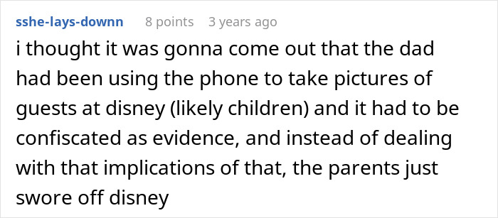 Reddit comment speculating why parents hate Disneyland, mentioning a confiscated phone. Reddit comment speculating why parents hate Disneyland, mentioning a confiscated phone.