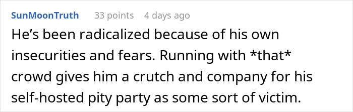 Comment discussing how a fiancé got radicalized due to insecurities Comment discussing how a fiancé got radicalized due to insecurities