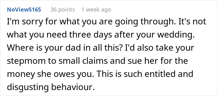 User expressing sympathy and advising small claims court for stepmom's unpaid money